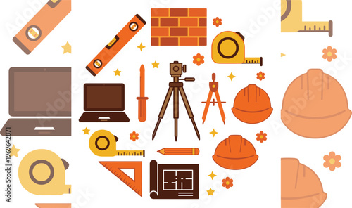Construction tools and engineering equipment set featuring hard hats tape measures level and architectural blueprint flat vector icons