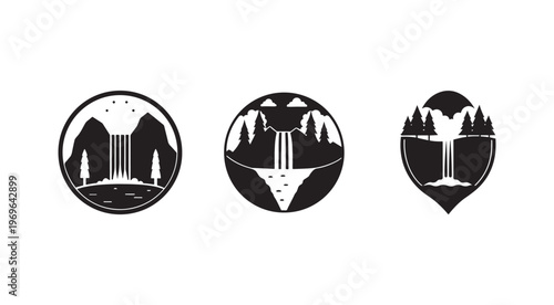 Black and white silhouettes of mountains and waterfalls in circular and leaf shapes  scenic landscape icons
