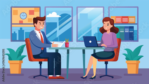 Business meeting taking place in office with two people discussing plans during daytime