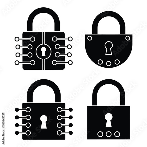 Padlock icons with circuit board and digital security symbols on white background icon