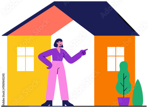 A man points at a colorful house with a tree in front.