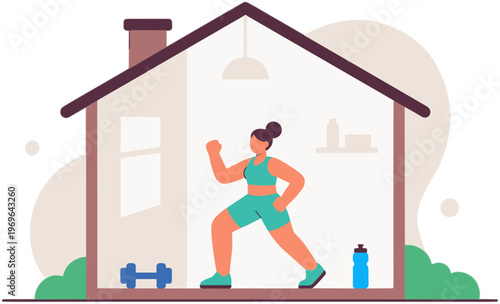 Woman running inside a house with dumbbells and water bottle