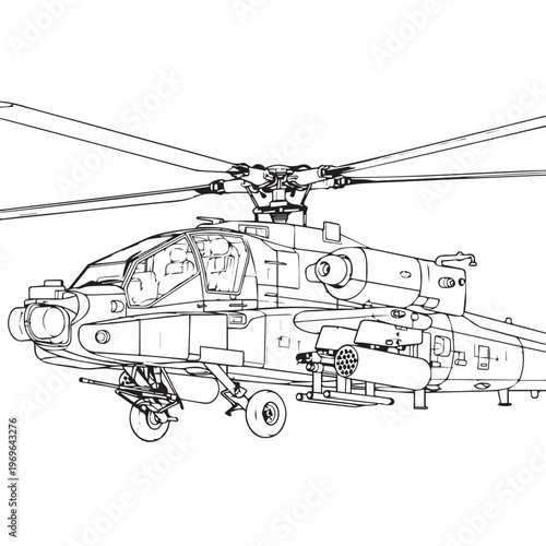 Side view illustration of a military helicopter with rotor blades and detailed fuselage.