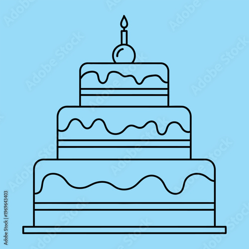 Minimal line of a three tiered birthday cake with a lit candle three tiered cake line minimal black lines