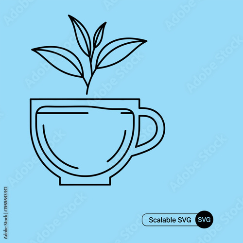 Minimal line of a teacup with a plant growing out of it on light blue background line minimal teacup