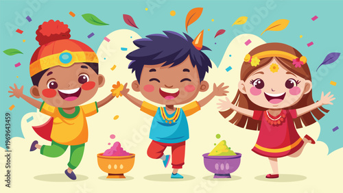 Children celebrate a festival with colors and joy in a festive setting filled with decorations and excitement