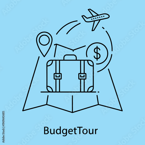 Minimal line of a travel budget concept with suitcase airplane map location pin and dollar sign line minimal travel