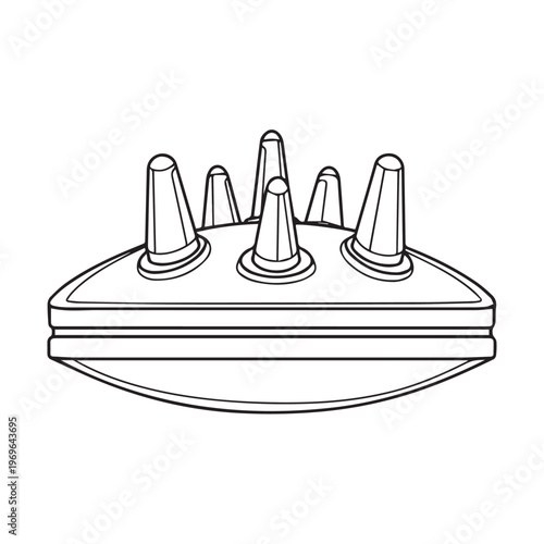 Close up illustration of a multi pin cone tipped electrode device with baseplate.