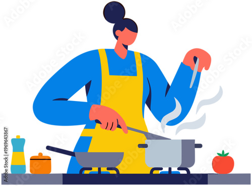 Woman cooking food in kitchen with pot and utensil nearby indoors