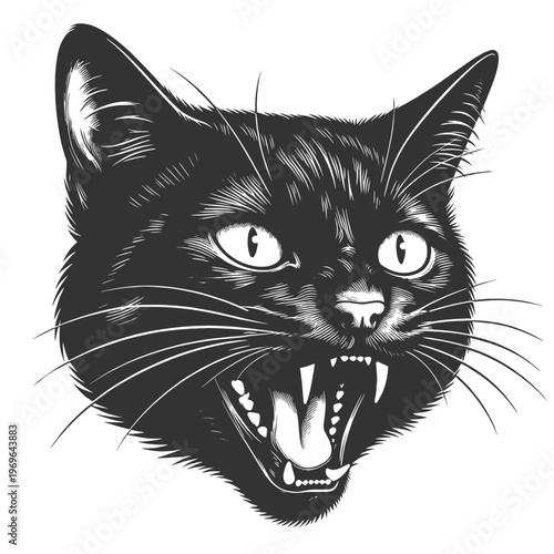 angry black cat face with bared fangs, sharp whiskers, and an intense fierce expression sketch engraving generative ai vector illustration. Scratch board imitation. Black and white image.