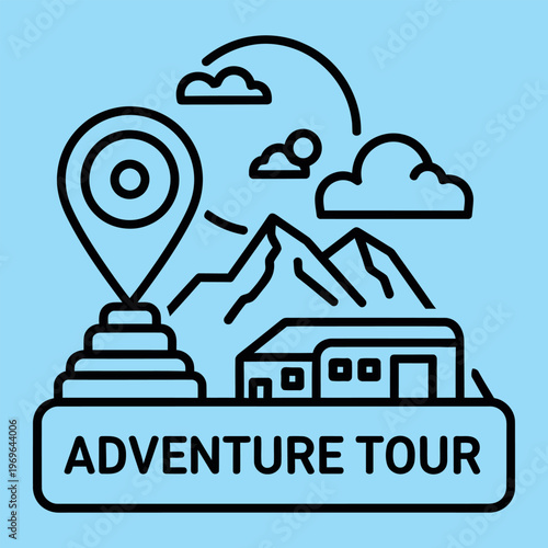 Minimal line of adventure tour with map pin mountain and building line minimal location pin