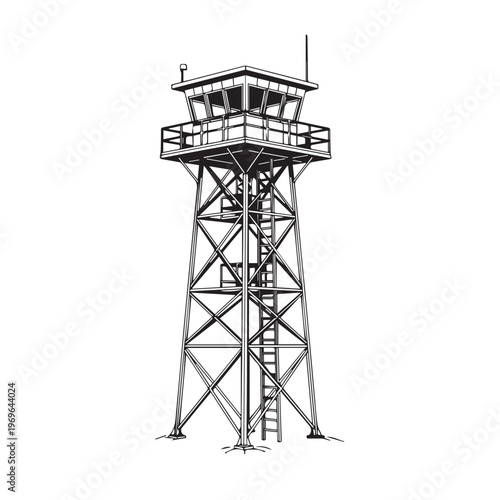 Industrial metal watchtower with lattice framework and elevated lookout.