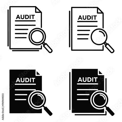 Black and white audit document icons with magnifying glass  business concept icon