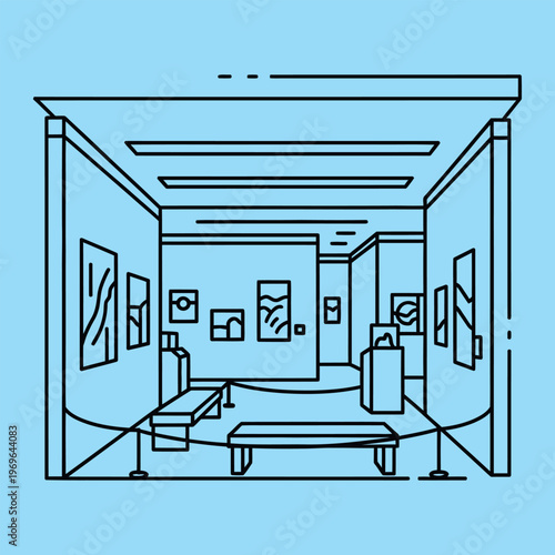 Minimal line of an gallery interior with benches and line minimal gallery paintings museum