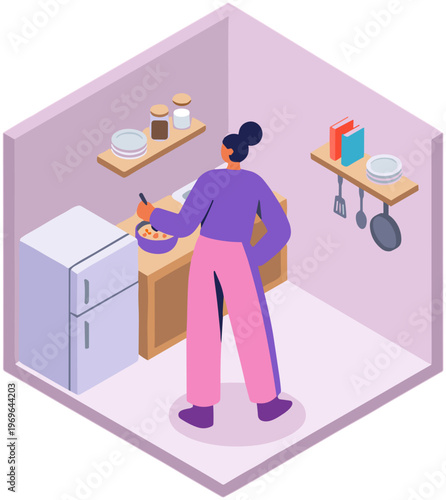 Woman cooks food in a modern kitchen with refrigerator and shelves