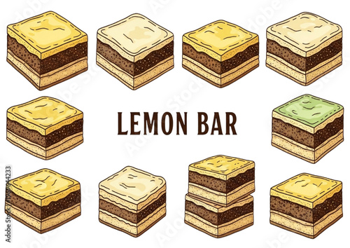 Collection of sweet layered dessert squares, featuring various toppings for delightful snacking