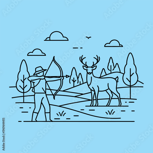 Minimal line of archer aiming at deer in forest bow and arrow trees