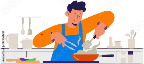 Man cooking food in kitchen with utensils and bowl on counter