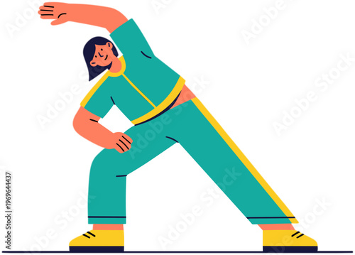 A person in green tracksuit is stretching sideways on the ground.