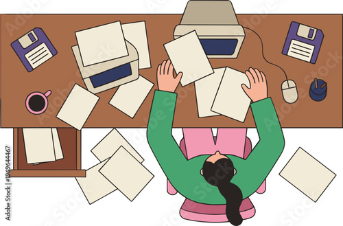 Woman overwhelmed with paperwork sits at a cluttered office desk from above