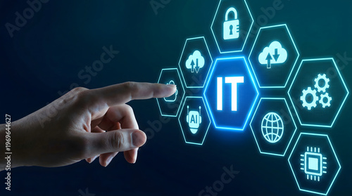 Human finger interacting with glowing IT information technology icon in a futuristic digital interfa