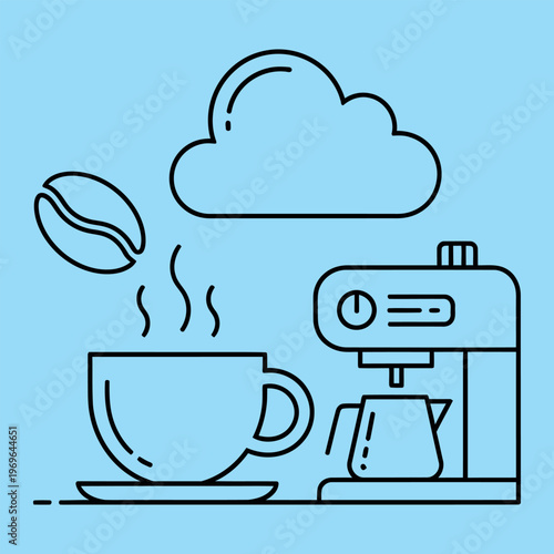 Minimal line of coffee cup and machine with cloud and coffee bean coffee machine