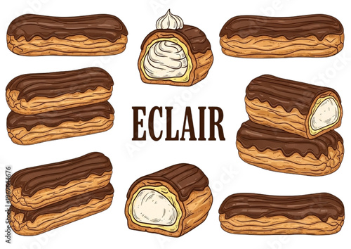 Hand-drawn collection of delectable chocolate-covered eclairs, showcasing the creamy filling, perfect for any sweet tooth
