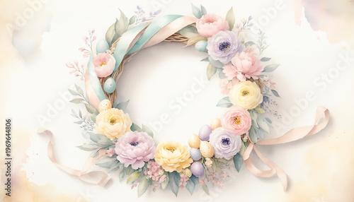 Watercolor Easter Wreath with Pastel Flowers and Eggs