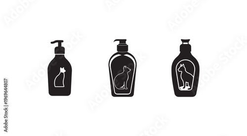 Black bottles with cat and dog silhouettes on white background  pet grooming products