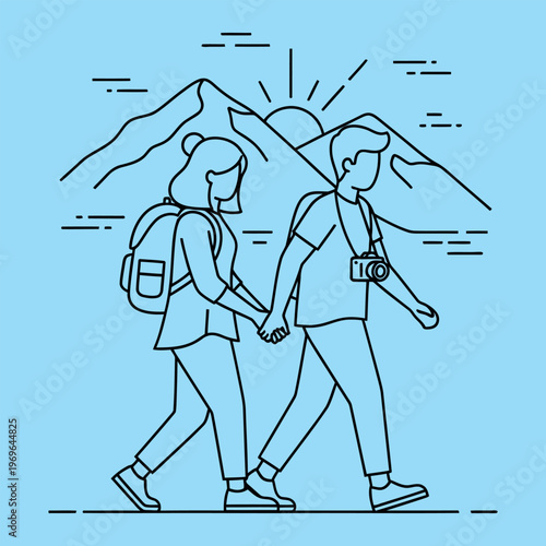 Minimal line of couple holding hands with mountain background line minimal couple walking