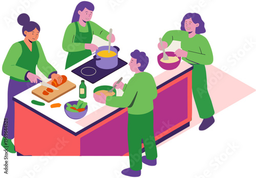 People cooking together indoors with food and pots on a kitchen counter