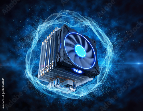 High-Performance CPU Air Cooler with Glowing Blue LED Fan and Heat Pipes Floating in a Digital Energy Vortex