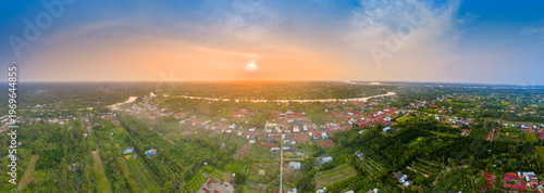 Aerial view of Phu Son village of bougainvillea blooms throughout Ben Tre, Vietnam