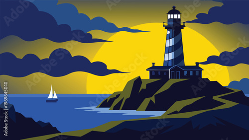 Lighthouse stands on rock shore with calm sea and sailboat during sunset in evening sky