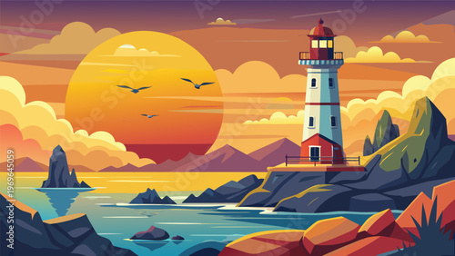 Sunset at lighthouse by the ocean with mountains and birds in the sky
