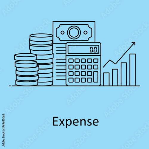 Minimal line of expense concept with calculator coins and growing graph finance money