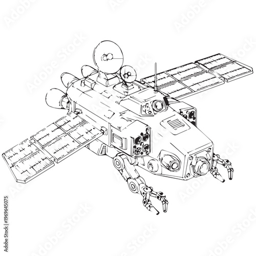 Lineart illustration of a futuristic space rover lander with solar panels and antenna in mechanical design.