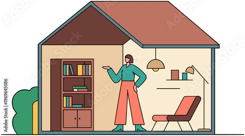 A woman stands in a cozy living room inside a house pointing outward.