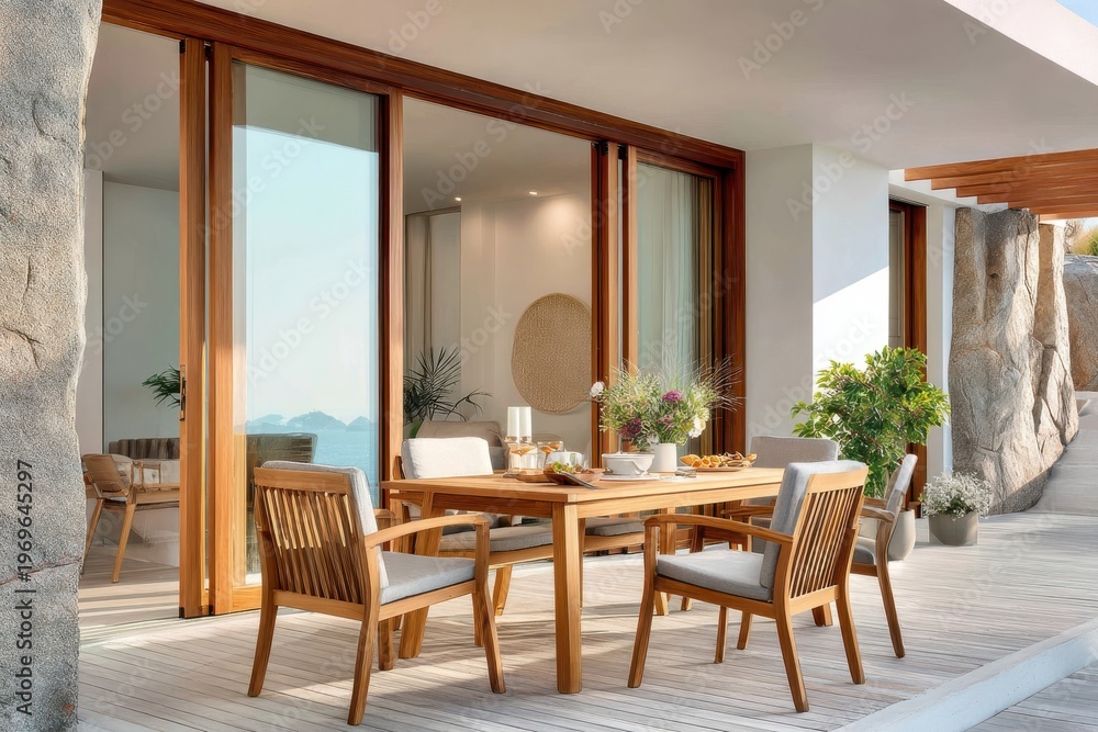 Fototapeta premium Teak outdoor dining set on sunlit coastal terrace with wooden table and cushioned chairs