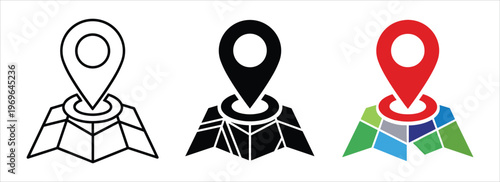 map pin icons in black, white, and colorful illustration