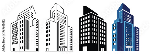 city skyline with modern buildings in black, white and blue