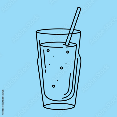 Minimal line of glass with straw and bubbles on blue background line minimal blue background drink