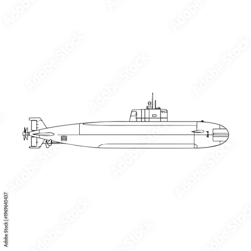 Side view illustration of a vintage submarine showing streamlined hull, periscope, and tail assembly for underwater travel.