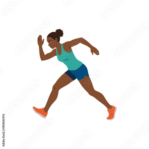 A woman runs quickly in athletic wear on a track with orange shoes