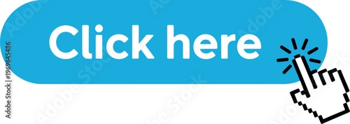 Blue click here button with hand cursor icon, modern web interface element for navigation, user interaction design, digital UI symbol