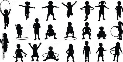 Collection of black silhouettes of children playing with hoops and jumping on white background vector
