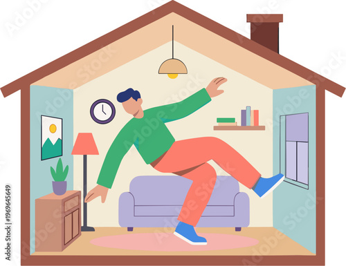 Man falls inside living room with furniture and decor