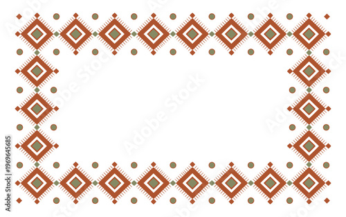 Decorative border with repeating diamond and dot pattern in red and green with white background with graphic design with ethnic border with tribal border with geometric border with native american