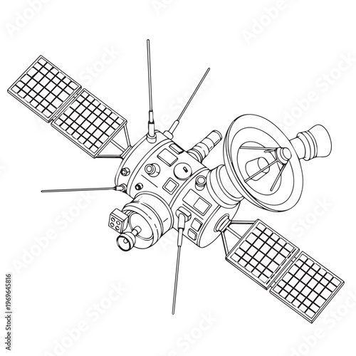 Satellite spacecraft with multiple antennae and solar panels in space.