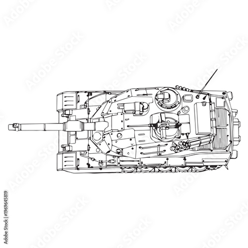 Top view of an armored tank with turret and gun in a technical line drawing.